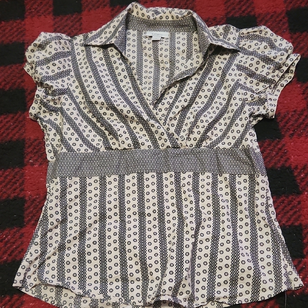 LOFT Black and White Ruffled Puff Sleeve Blouse